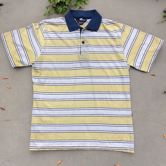 Jantzen Vintage 80s Lightweight Striped Yellow Navy Polo Shirt Men's Size Medium - Picture 1 of 8